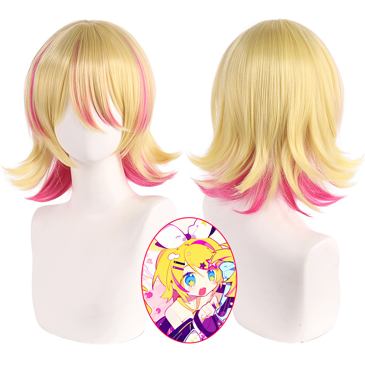 Anime Cosplay Duo - วิกผมคอสเพลย์สังเคราะห์ผมสีบลอนด์สั้นหางคู่อะนิเมะเครื่องแต่งกายปาร์ตี้สวมบทบาทเกมคาร์นิวัลฮาโลวีนแต่งตัวทนความร้อน
