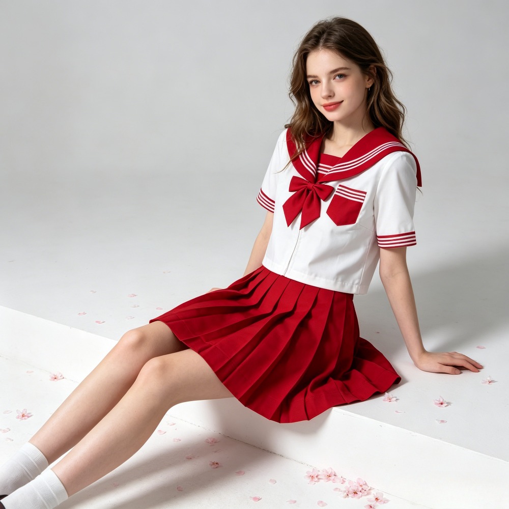 Cosplay Anime Basic - ชุดนักเรียนแบบพื้นฐาน ชุดกะลาสีญี่ปุ่นแขนสั้นสีแดงแบบใหม่ ชุดนักเรียน และชุดคอสเพลย์อนิเมะ