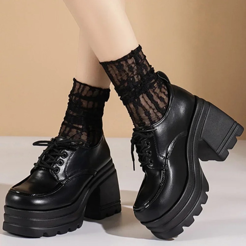 Cosplay Anime Basic - รองเท้าโลลิต้าสำหรับผู้หญิง รองเท้าแมรี่เจนแบบผูกเชือก รองเท้าโลฟเฟอร์สำหรับนักเรียนหญิง รองเท้าส้นสูงแบบแพลตฟอร์มสำหรับชุดนักเรียน รองเท้าคอสเพลย์สำหรับผู้หญิง รองเท้าใหม่
